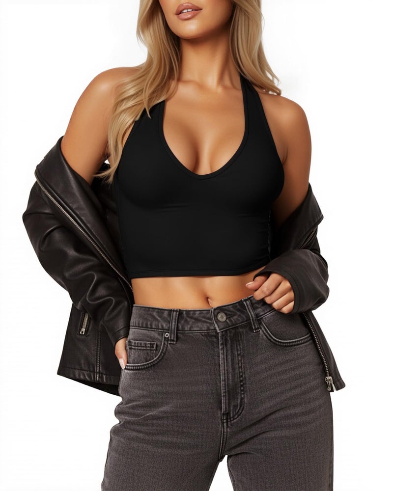 CLOZOZ Halter Crop Tops for Women V Neck Cropped Tank Tops Going Out Sleeveless Backless Trendy Top Black - Image 4
